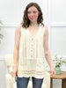 Beige Boho Embroidered Sleeveless Lace Trim Cotton Top