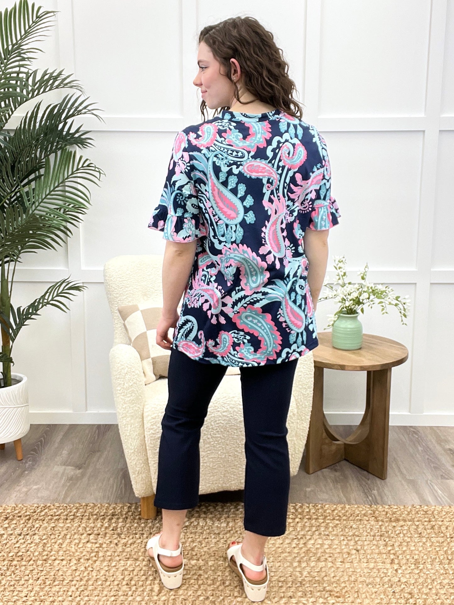 Enchanted Tides Paisley Ruffle V-Neck Top