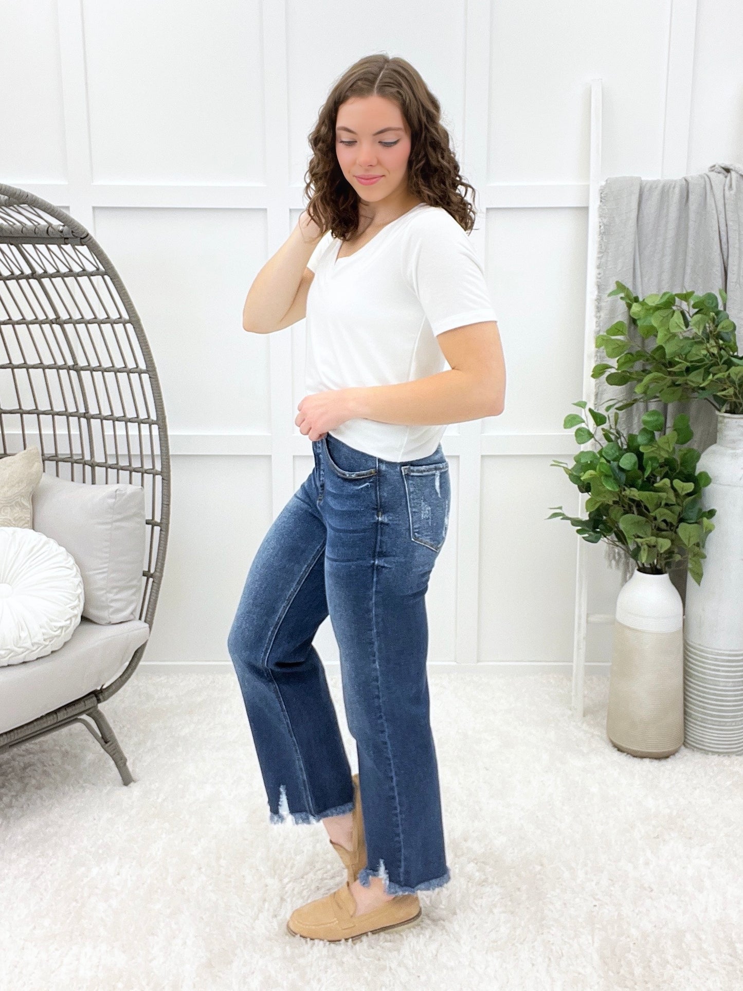 Breanna Jade Tummy Control Straight Leg Frayed Hem Jeans