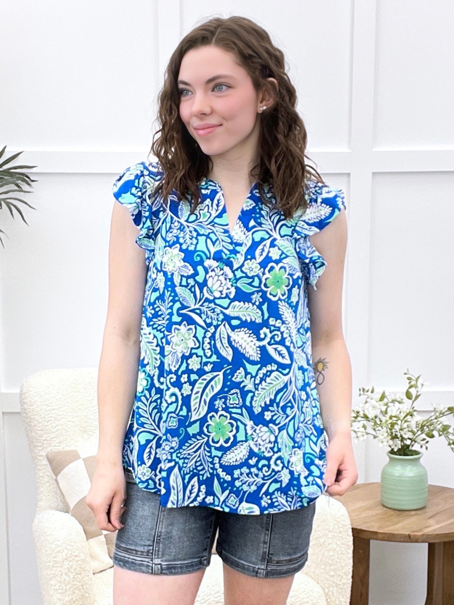 Dear Scarlett Coastal Bloom Lizzy Flutter Sleeve Top