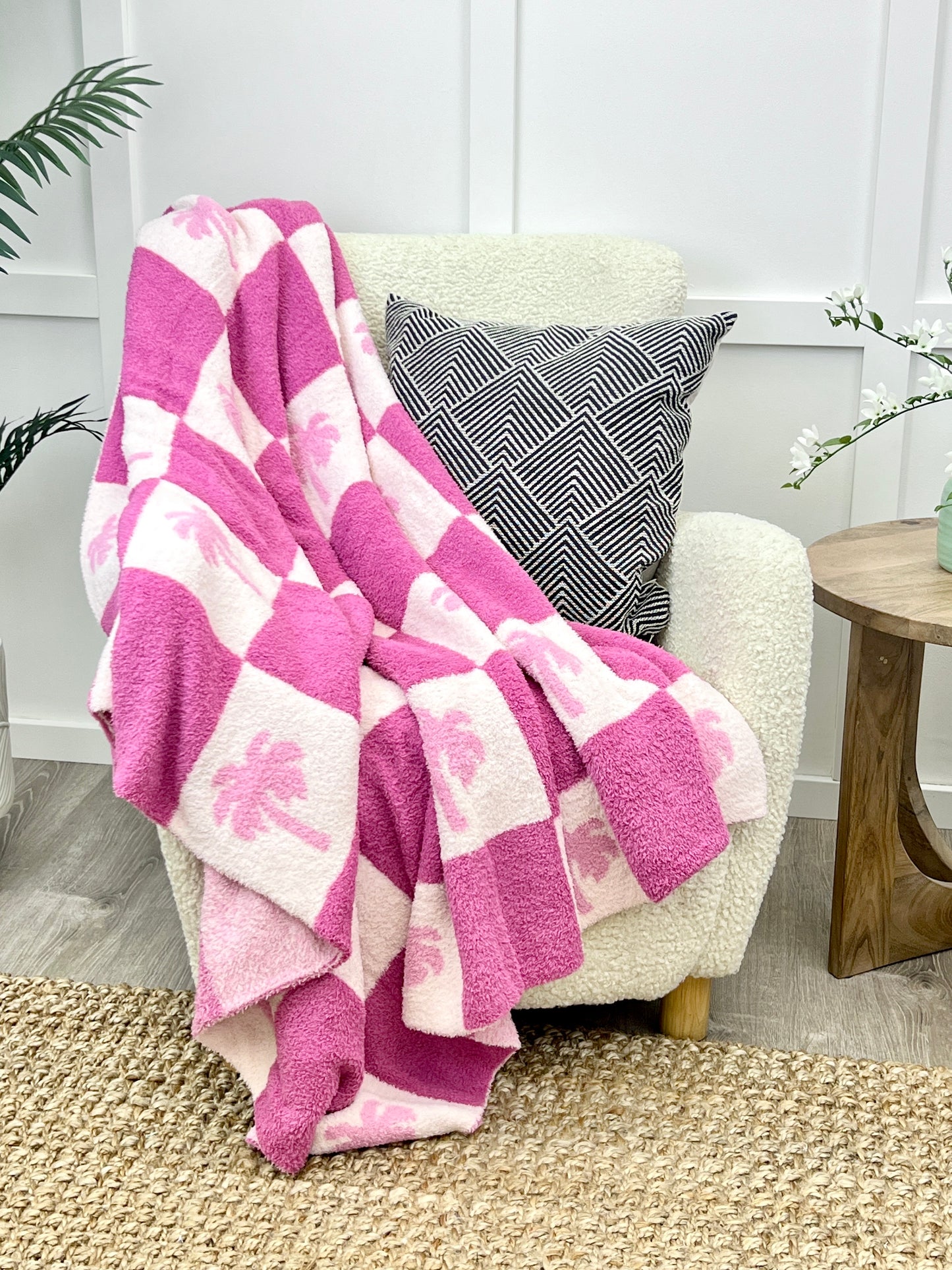 Pink Palm Checkered Throw Blanket