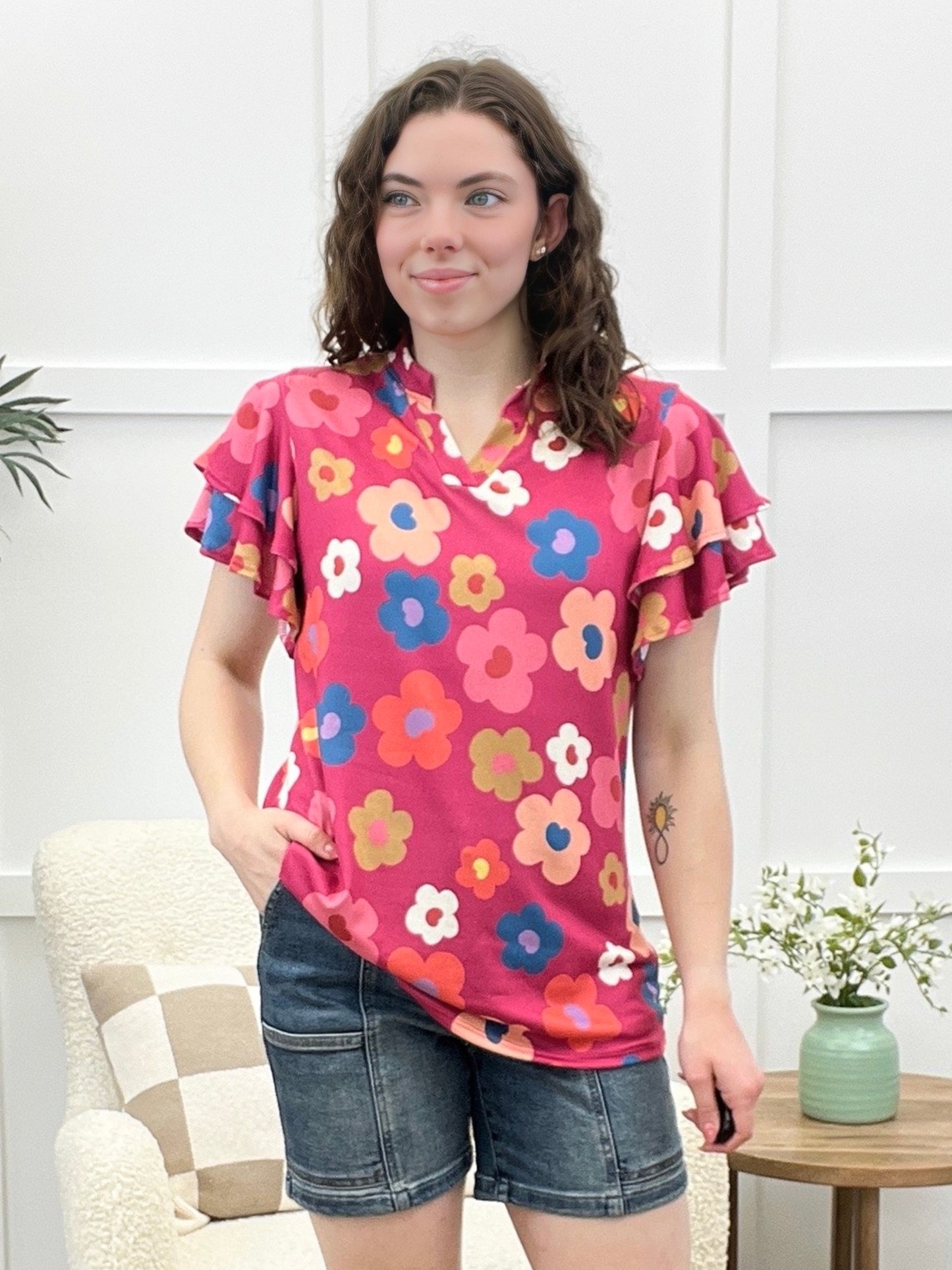 Flower Flutter Top - Fuchsia