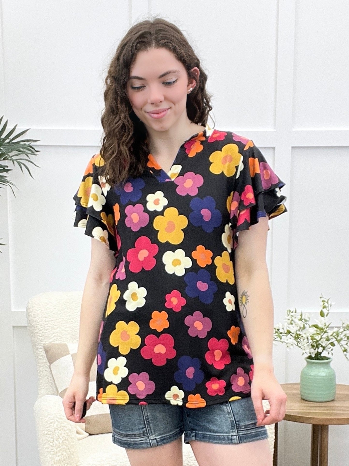 Flower Flutter Top - Black