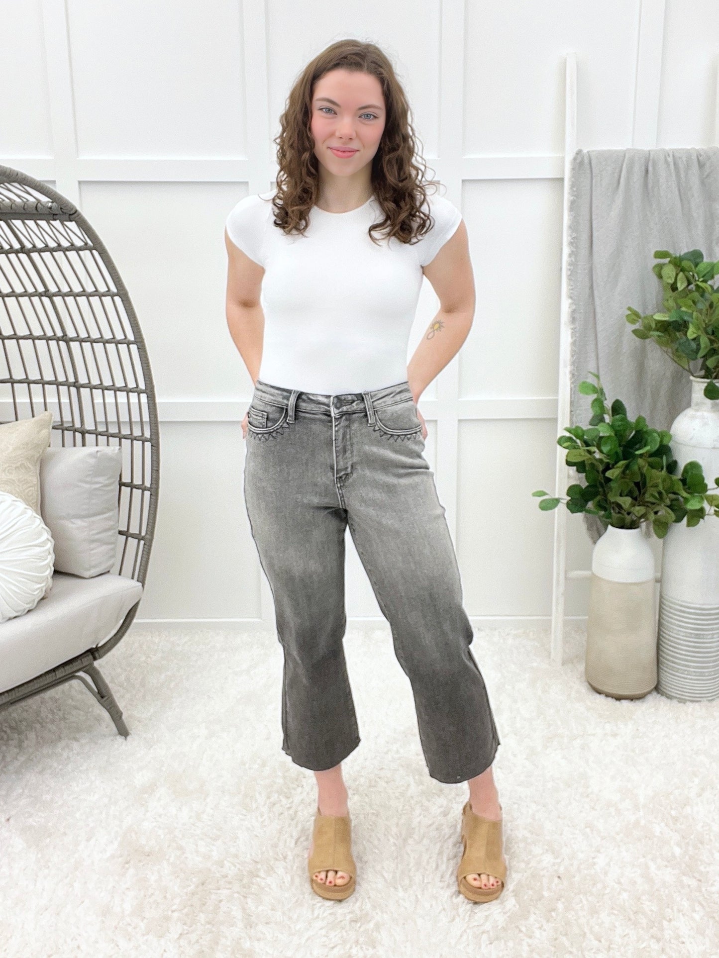 Ivy High Rise Vintage Grey Embroidered Crop Wide Jeans By Judy Blue