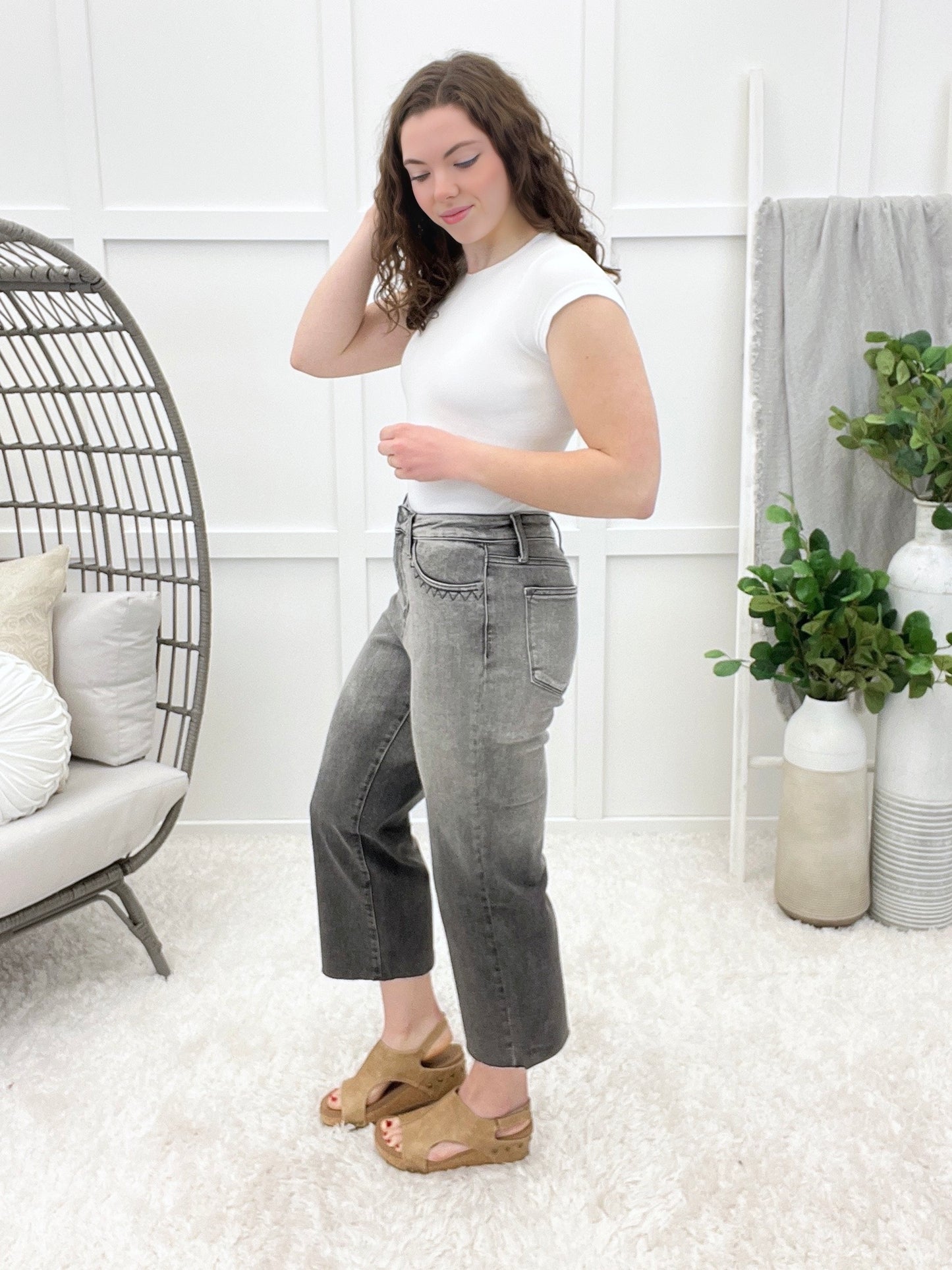 Ivy High Rise Vintage Grey Embroidered Crop Wide Jeans By Judy Blue
