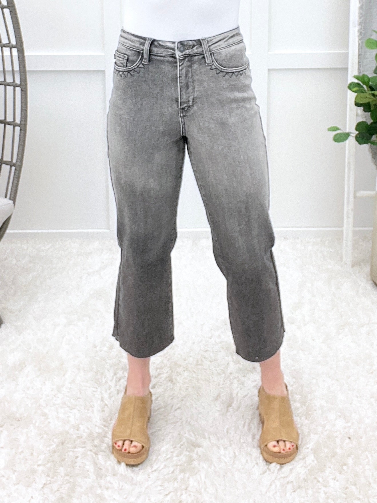 Ivy High Rise Vintage Grey Embroidered Crop Wide Jeans By Judy Blue