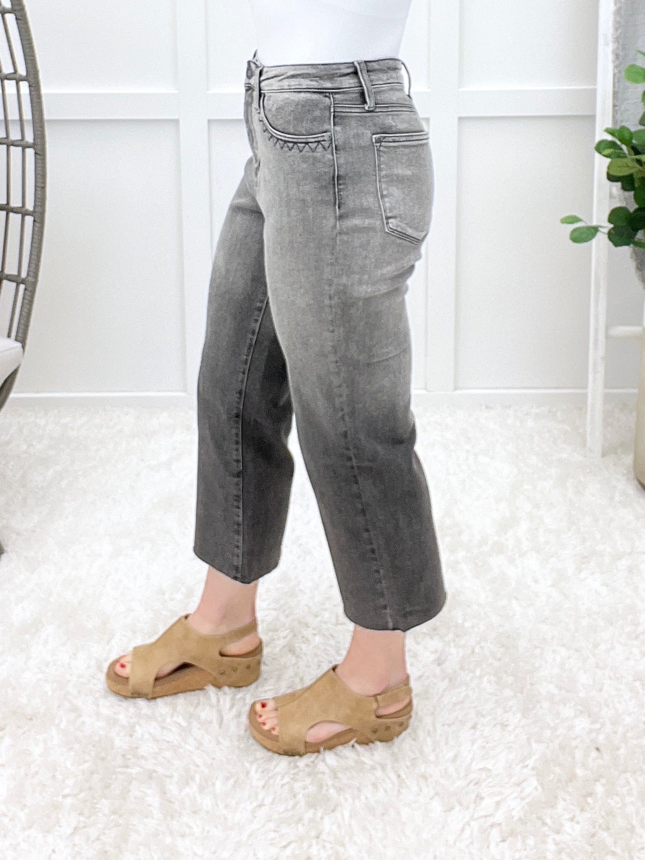Ivy High Rise Vintage Grey Embroidered Crop Wide Jeans By Judy Blue