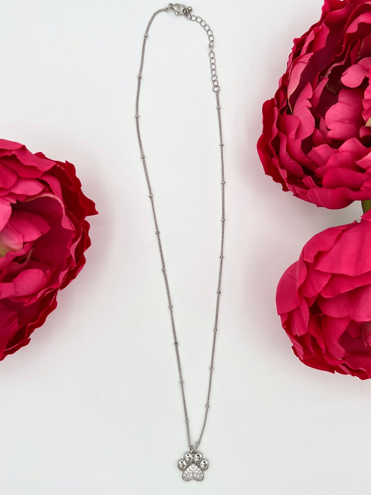Diamond Paw Print Necklace - Silver