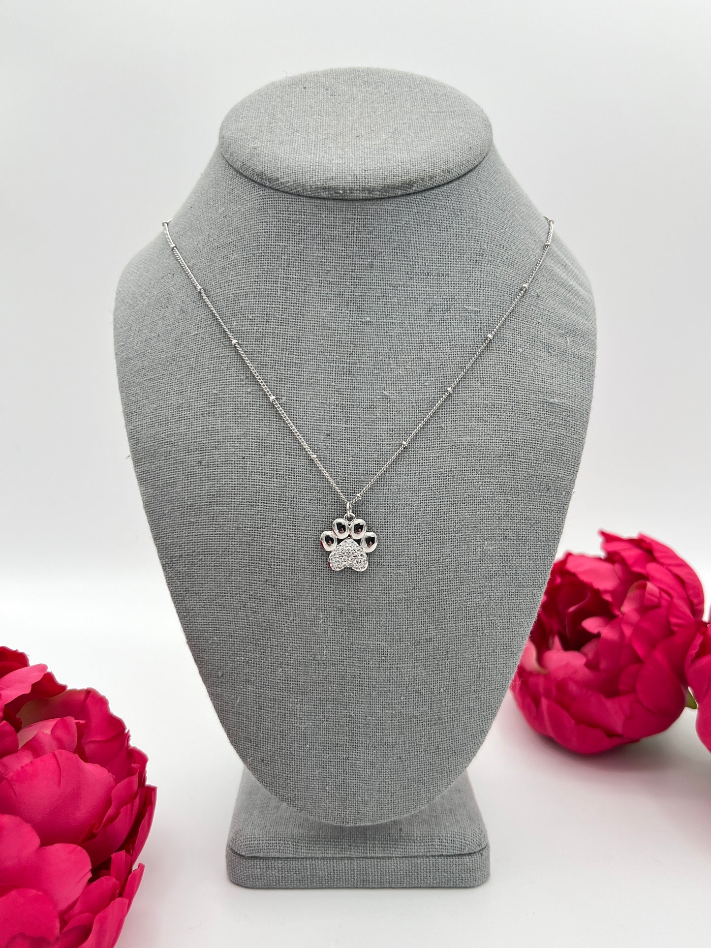 Diamond Paw Print Necklace - Silver