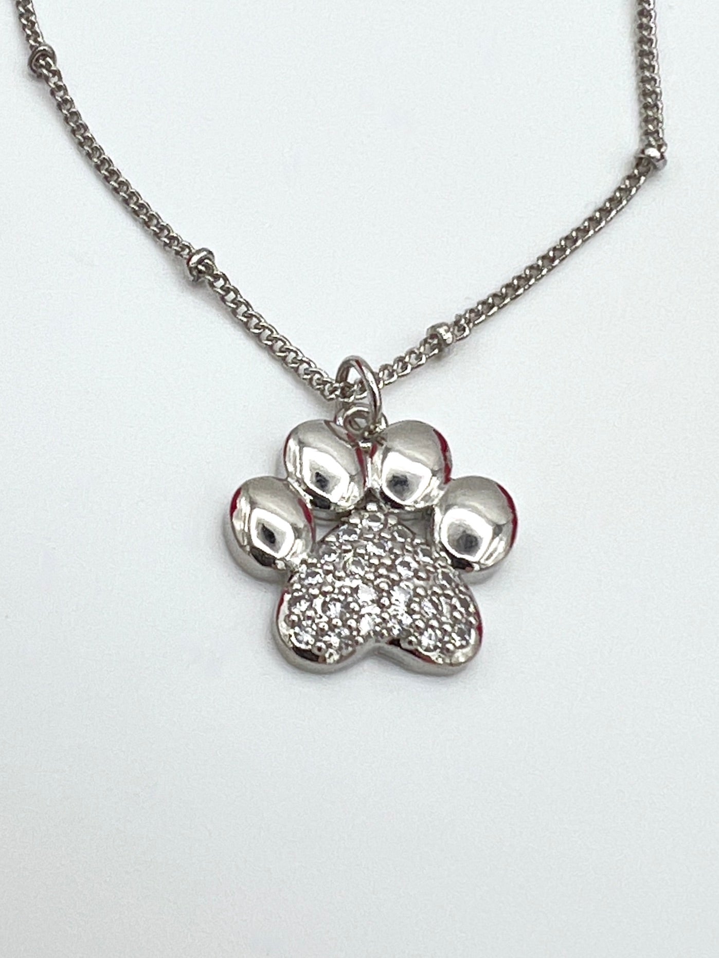 Diamond Paw Print Necklace - Silver