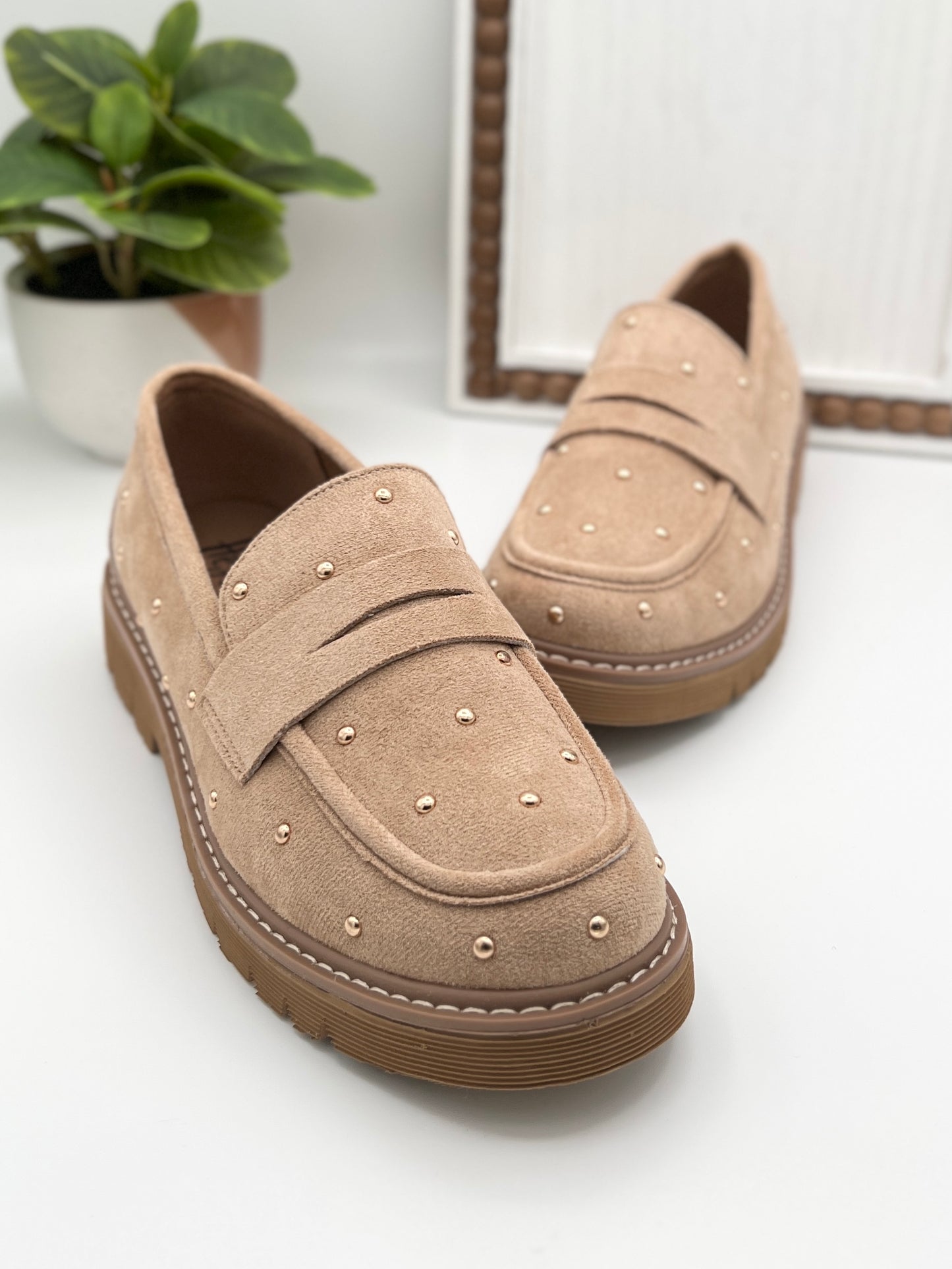 Corkys Stud Muffin Loafers - Sand Faux Suede