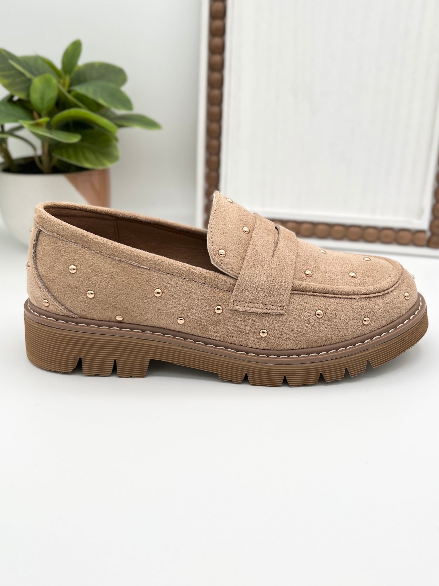 Corkys Stud Muffin Loafers - Sand Faux Suede