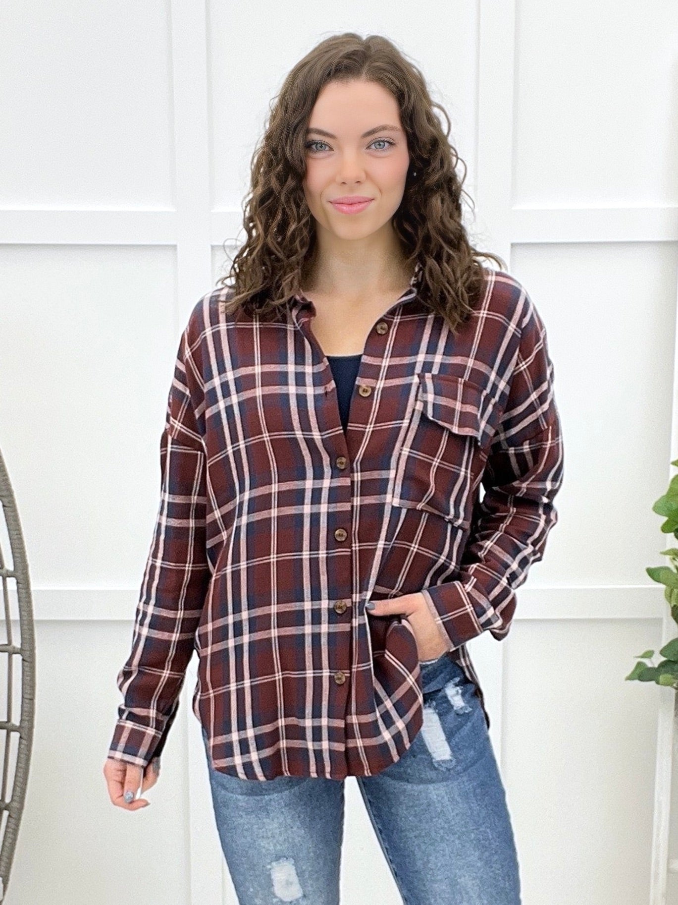 Crossing Paths Plaid Button-up Top - Burgundy