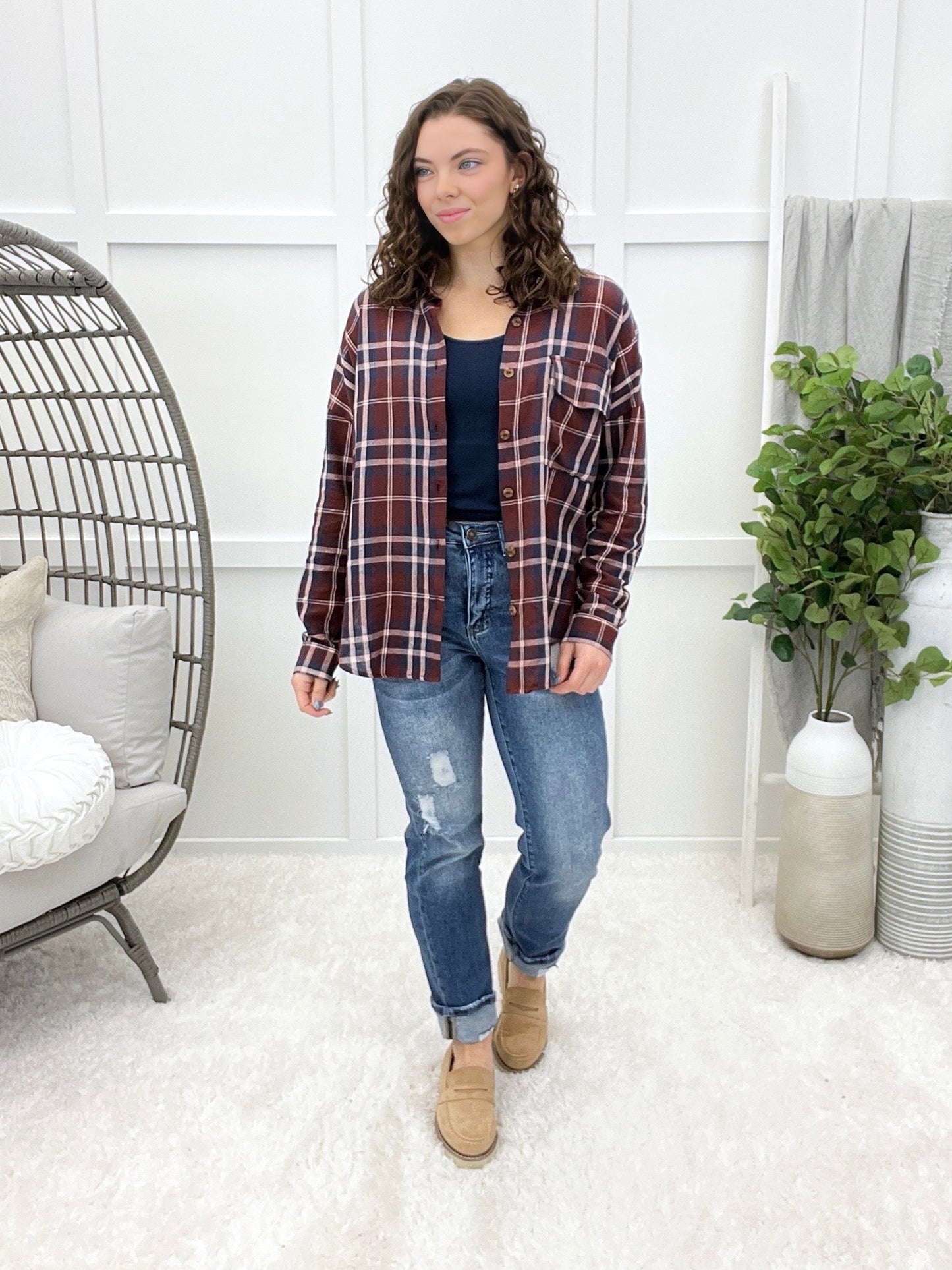 Crossing Paths Plaid Button-up Top - Burgundy