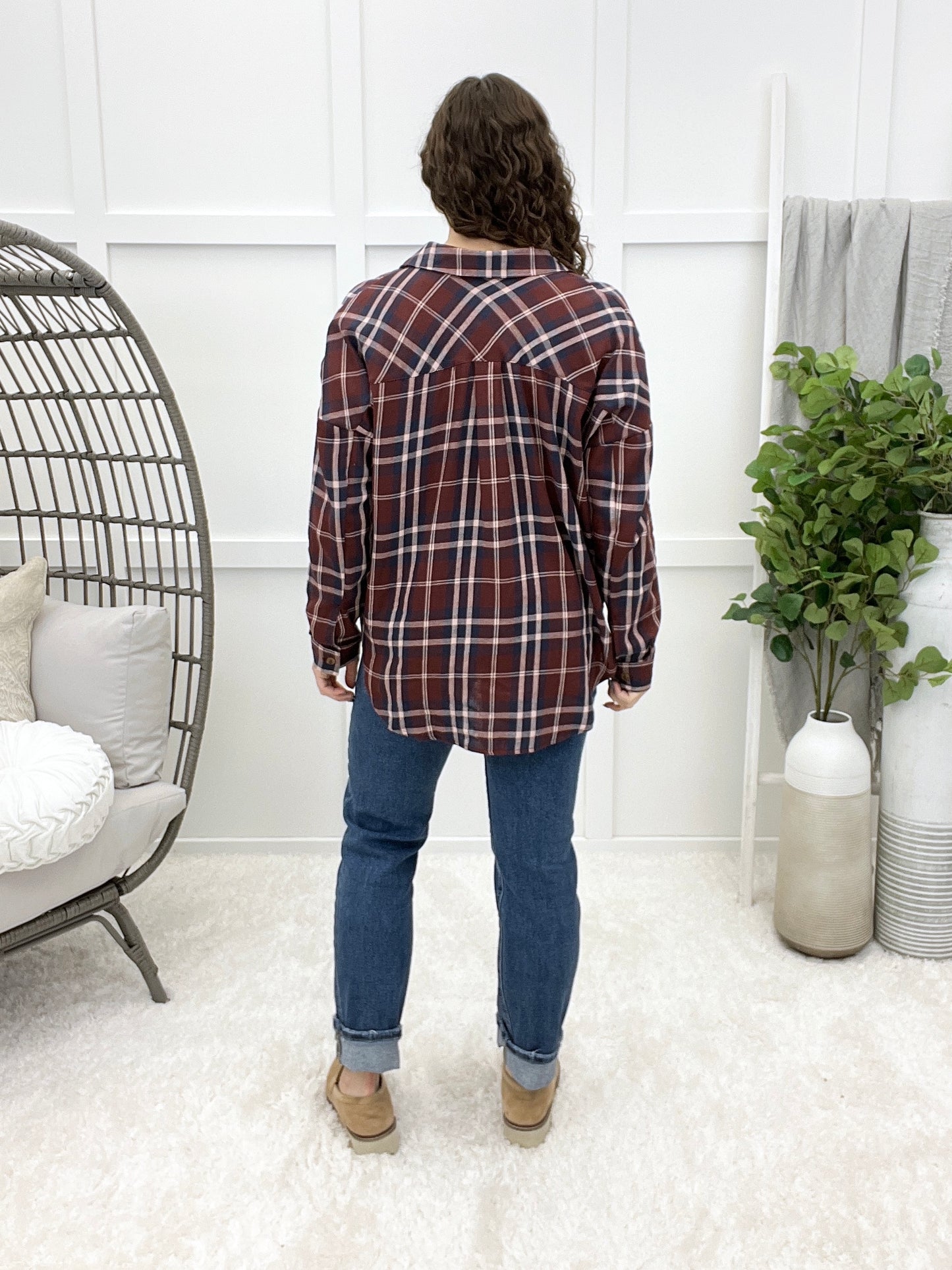 Crossing Paths Plaid Button-up Top - Burgundy