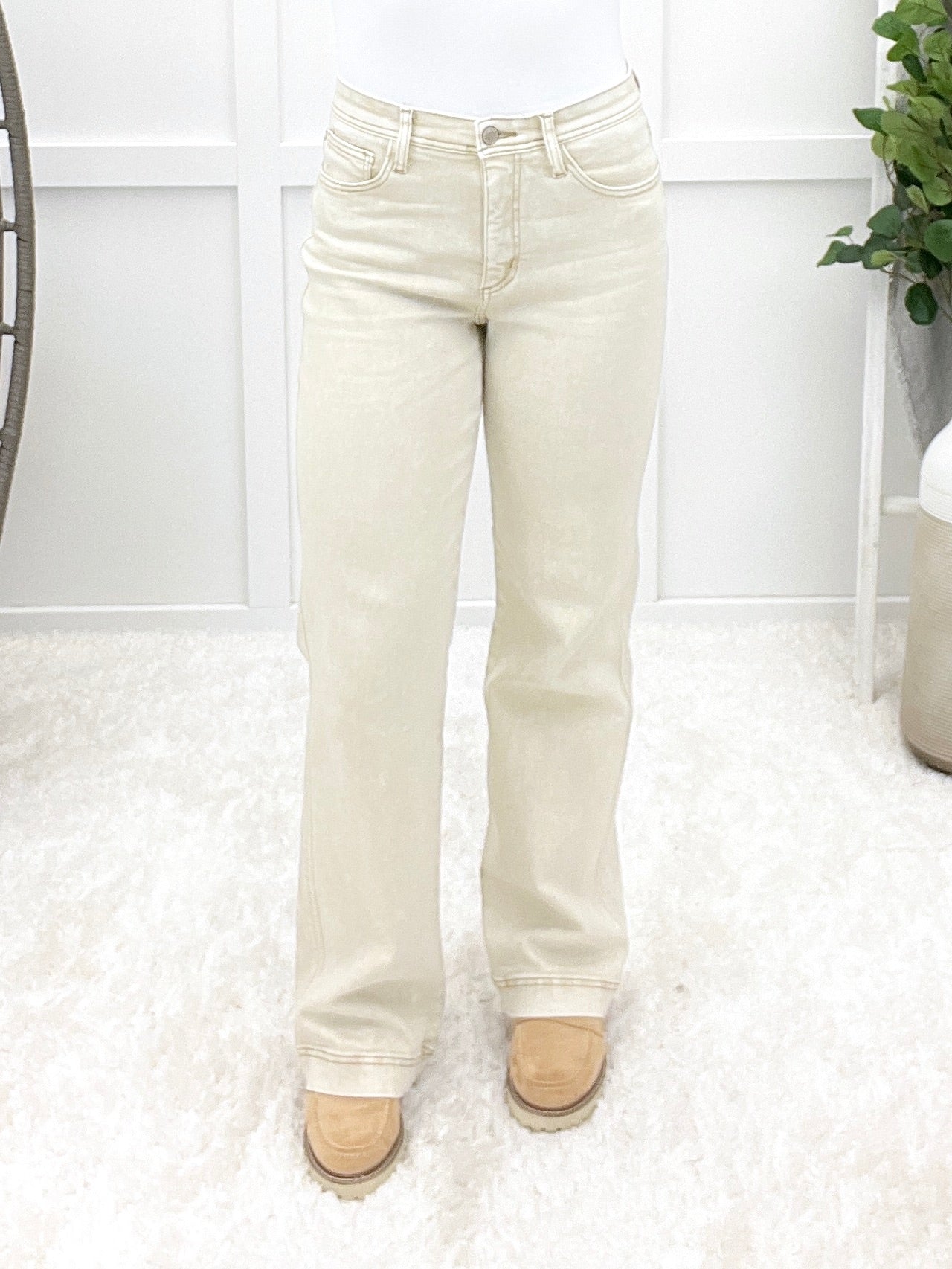 The Ava From Saige Tummy Control Straight Leg Jeans - Beige