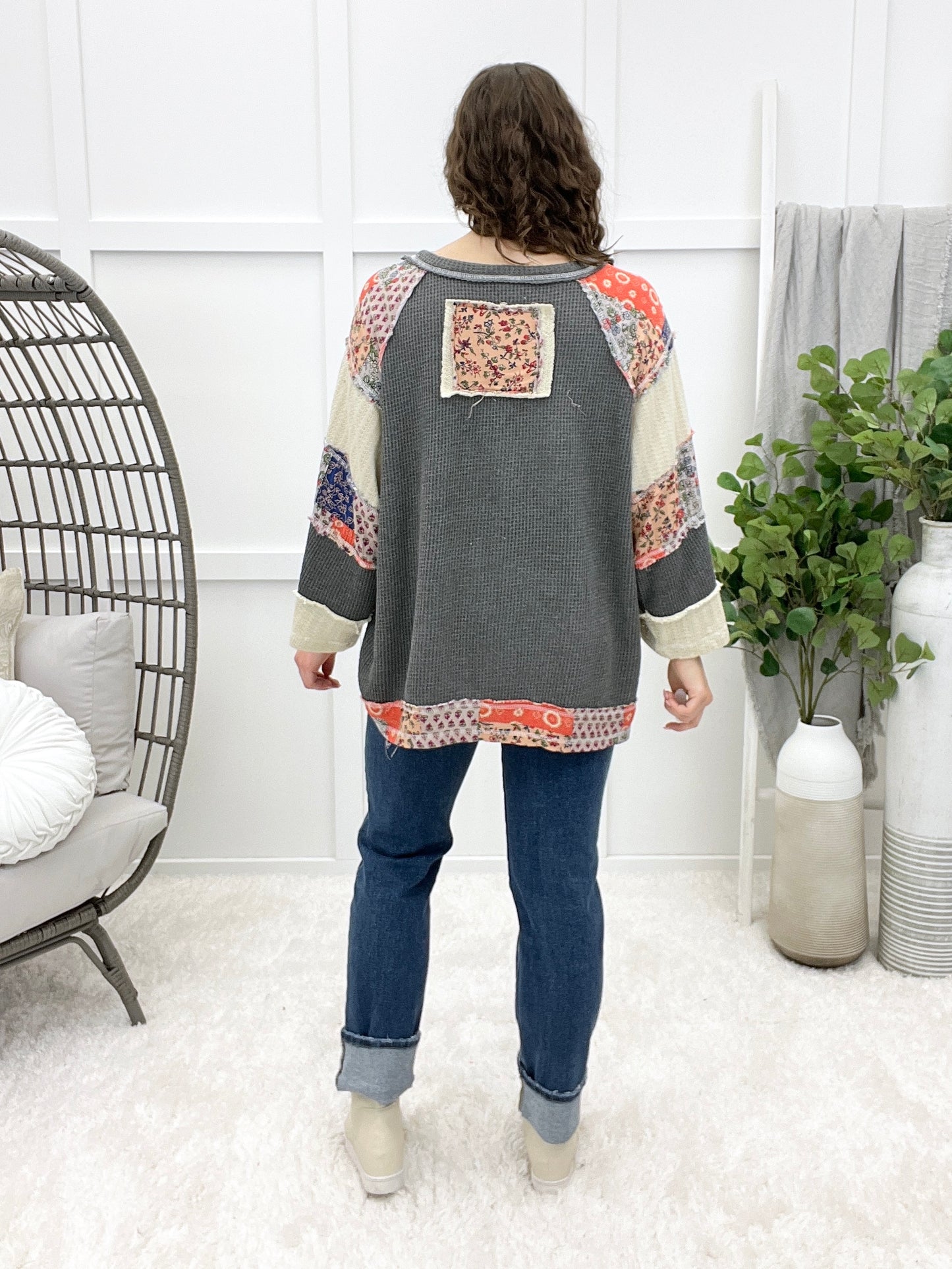 Patchwork Peace Top - Charcoal