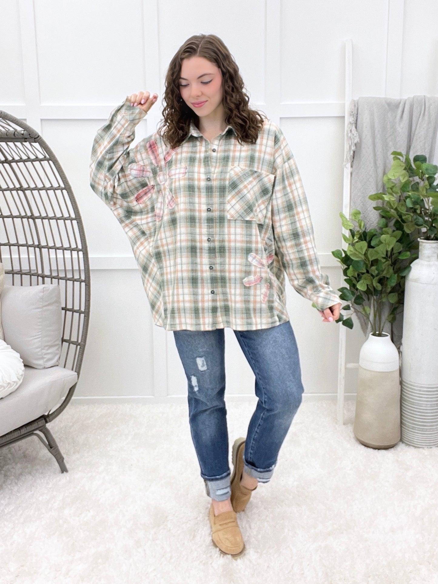 Cozy Days Green Flannel Button-up Top
