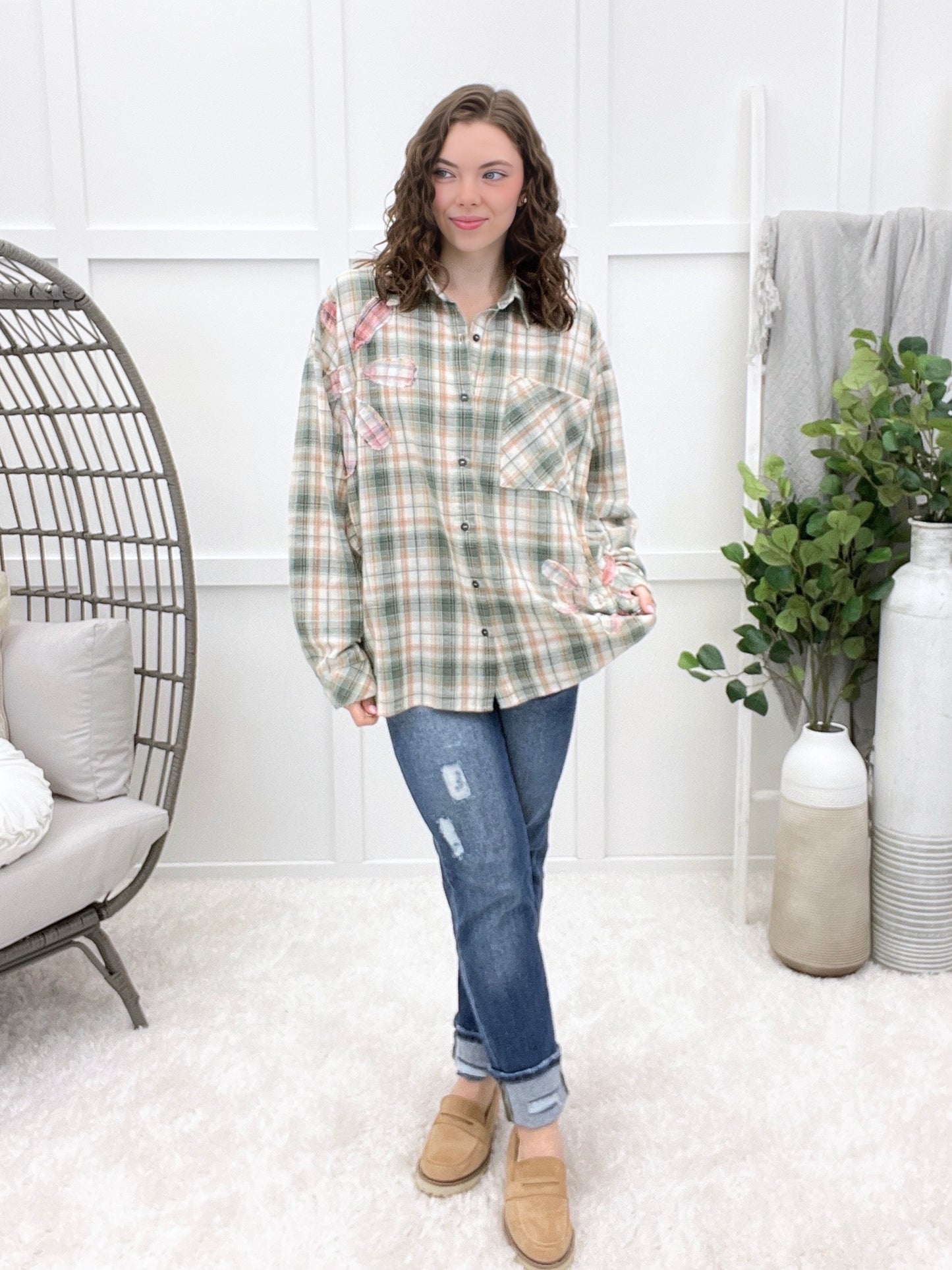 Cozy Days Green Flannel Button-up Top