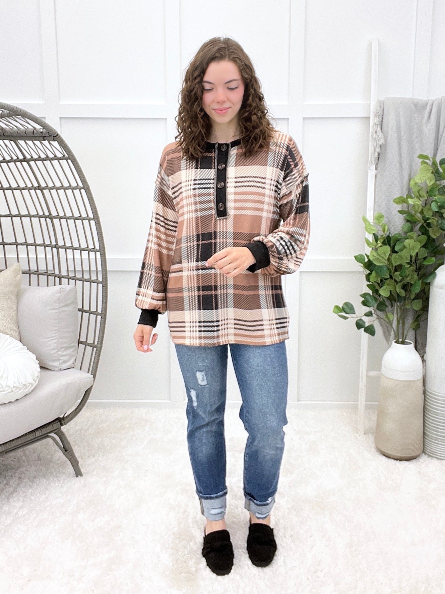 Cozy Charm Plaid Henley Top