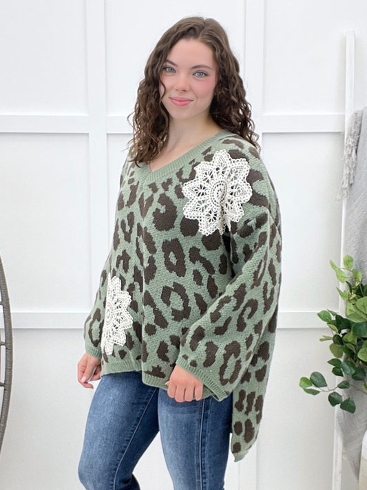 Love Is Everything Leopard-Print Sweater - Sage
