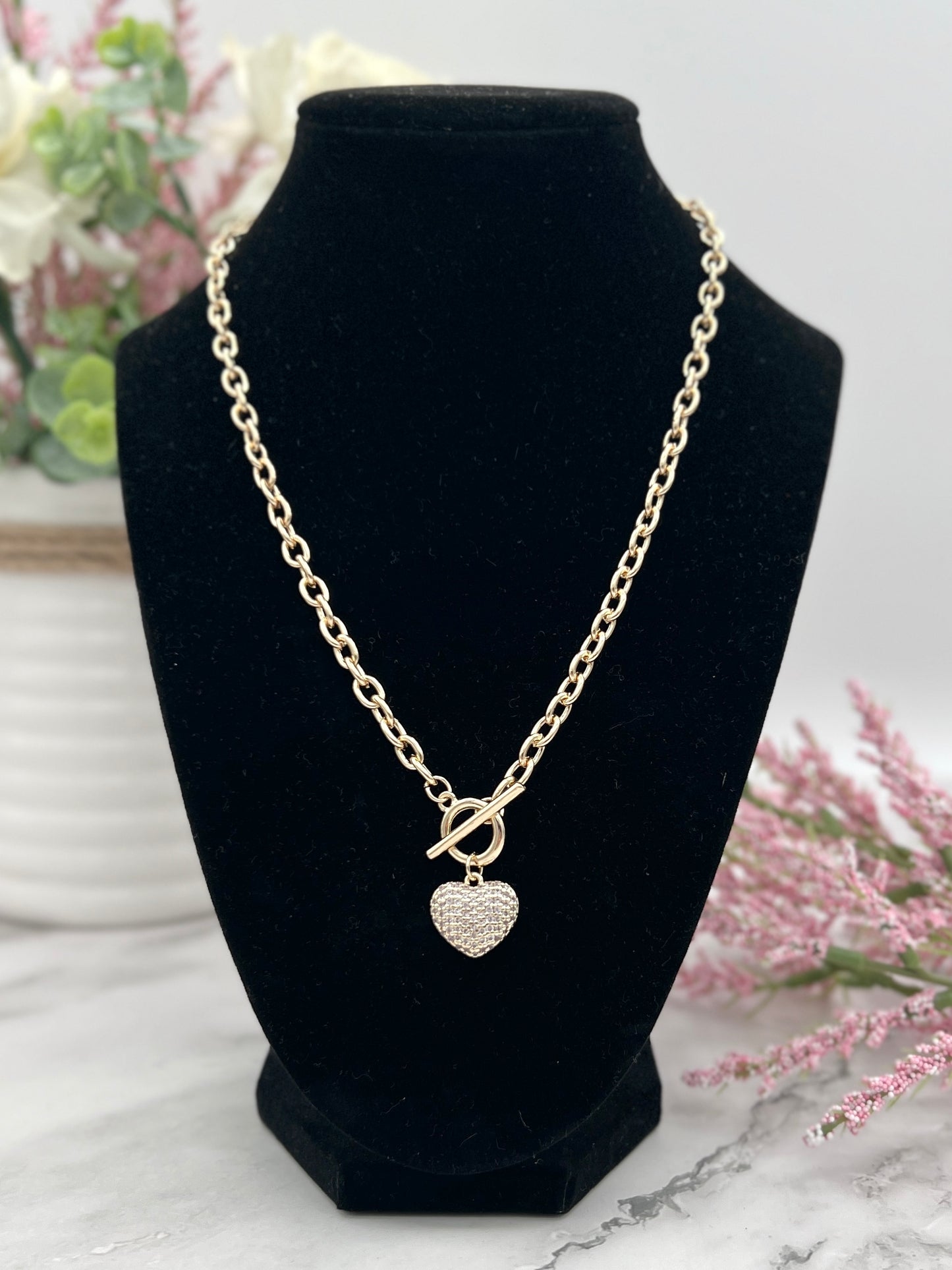 Gold Dipped Chunky Chain Cz Stone Paved Puff Heart Toggle Pendant Necklace