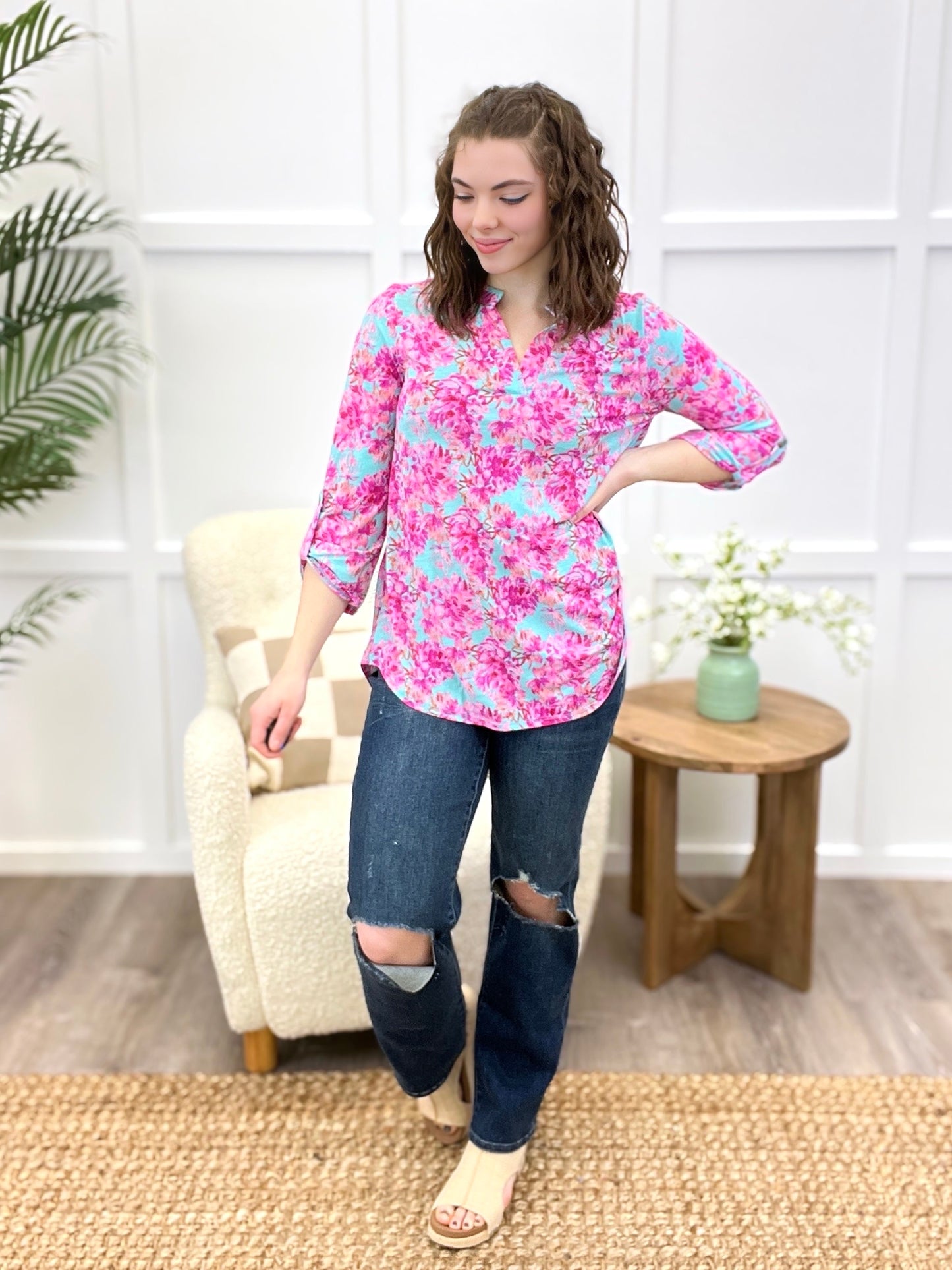 Dear Scarlett Pink Blossom Aqua Floral Tunic Top