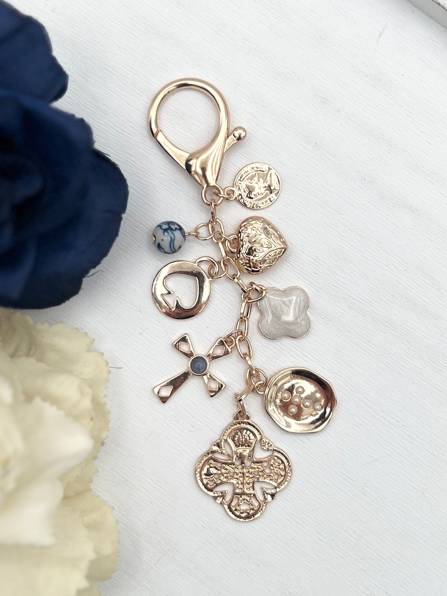 Bag Key Charm-Cross Heart Porcelain Coin