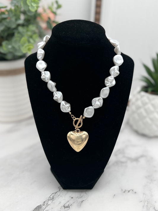Pearl Beaded Heart Charm Toggle Necklace