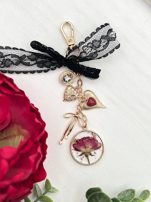 Bag Charm-Dried Flower Bow Heart Rhinestone