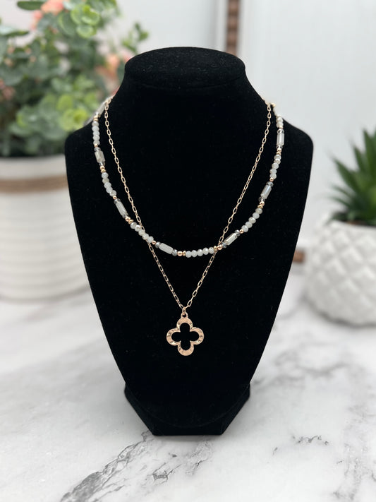 Metal Open Quatrefoil Pendant Faceted Beaded Layered Necklace