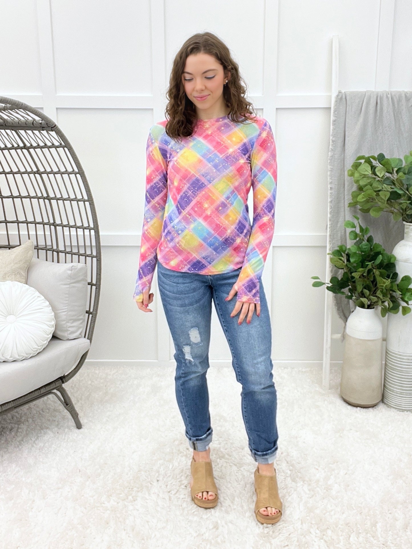 Plaid Statement Mesh Top