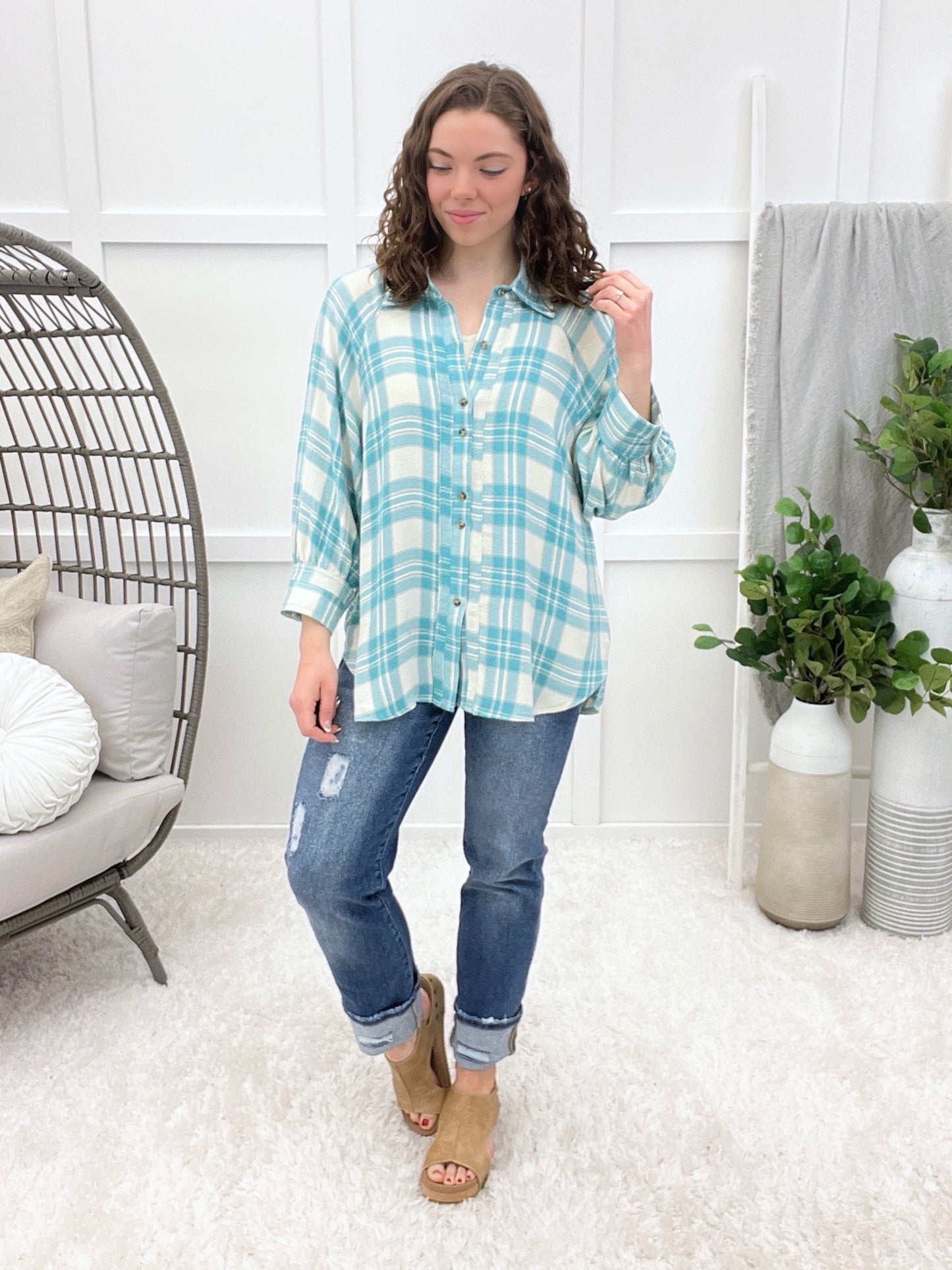 The Go To Button-up Top - Aqua