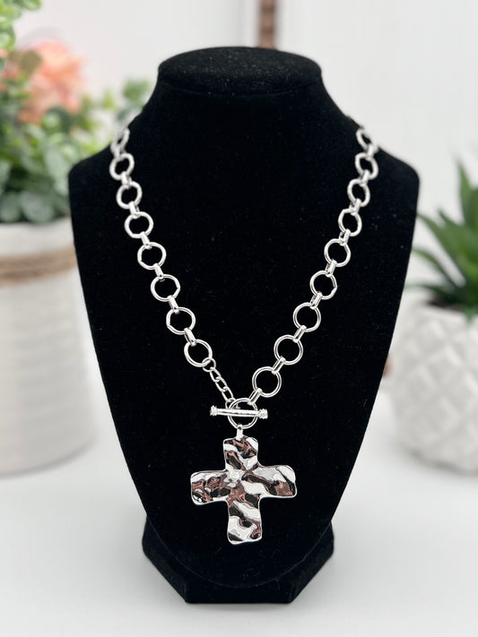 Notable Hammered Cross Front Toggle Necklace - Silver