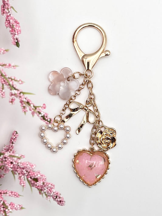 Bag Charm- Pressed Flower Bow Pearl Heart Charms
