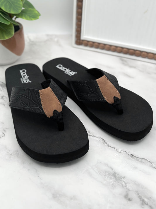 Corkys Summer Break Sandals - Black Flower Emboss