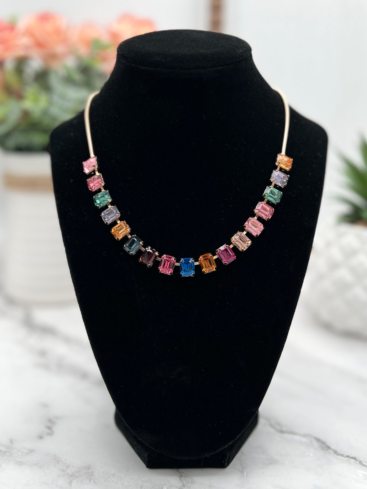 Rainbow Emerald-Cut Gemstone Statement Necklace