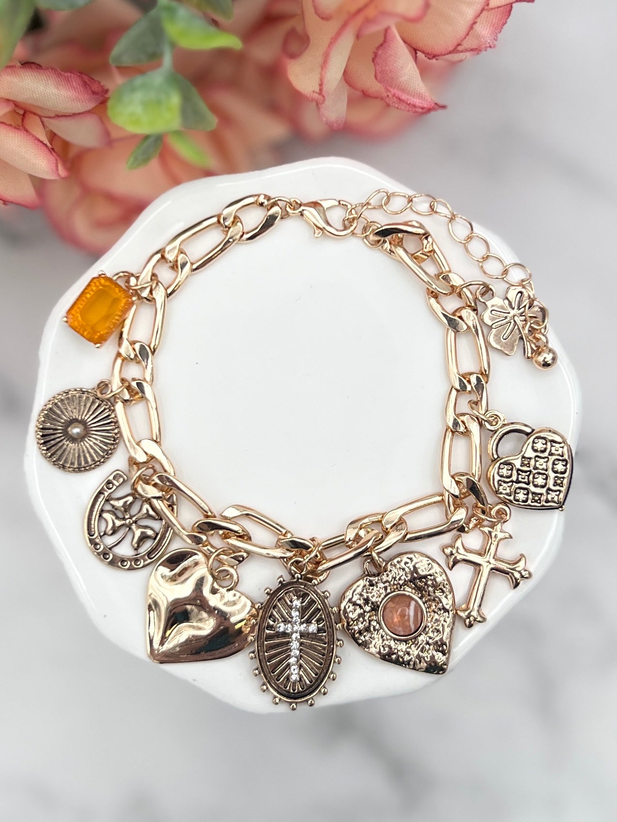 Charm Bracelet-Cross Heart Oval Motifs