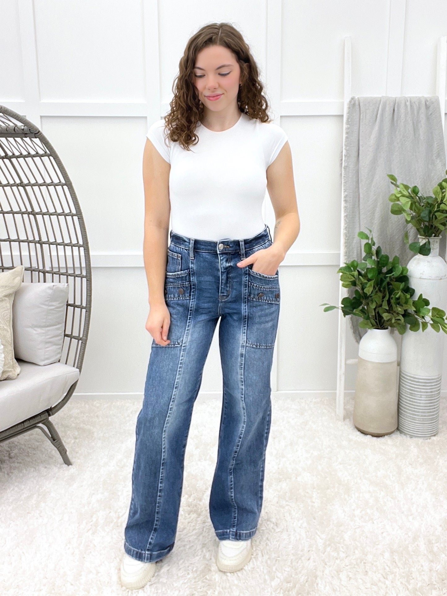 The Cassandra From Saige High Rise Bootcut Patch Pocket Jeans