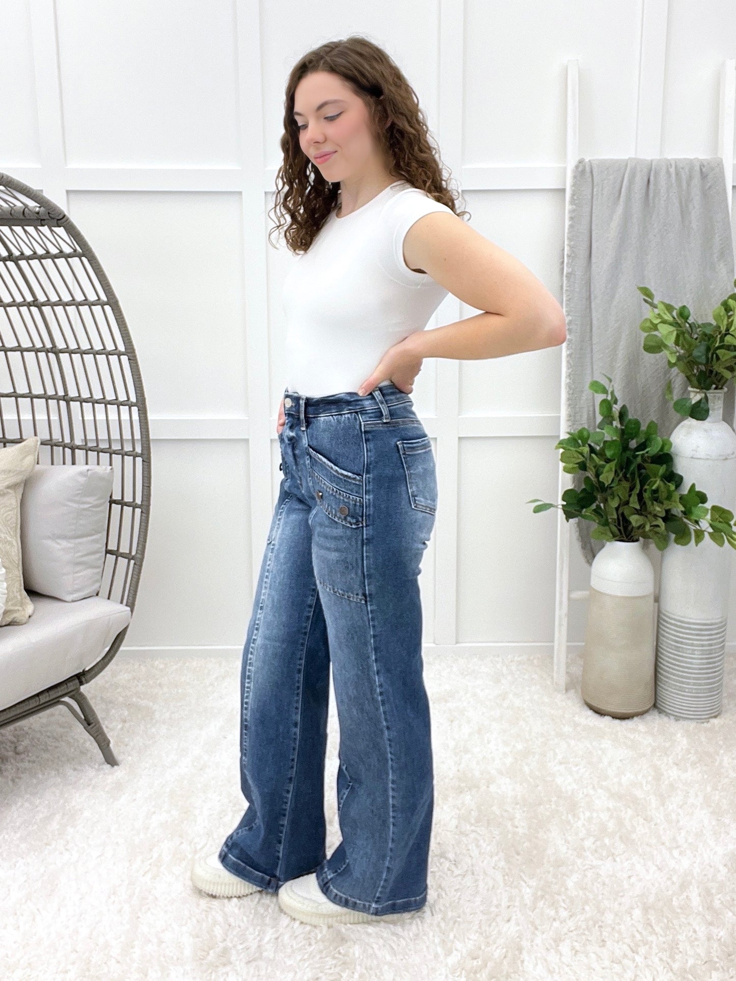 The Cassandra From Saige High Rise Bootcut Patch Pocket Jeans
