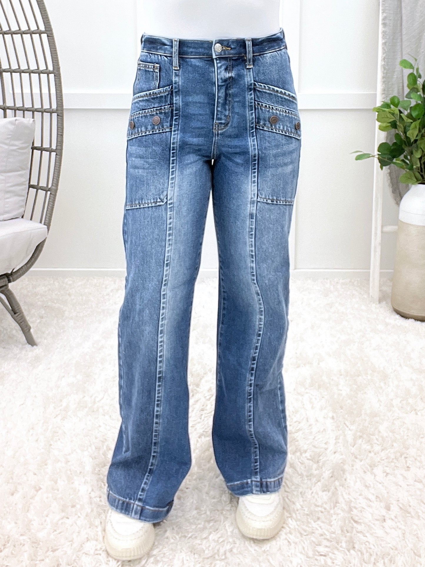 The Cassandra From Saige High Rise Bootcut Patch Pocket Jeans