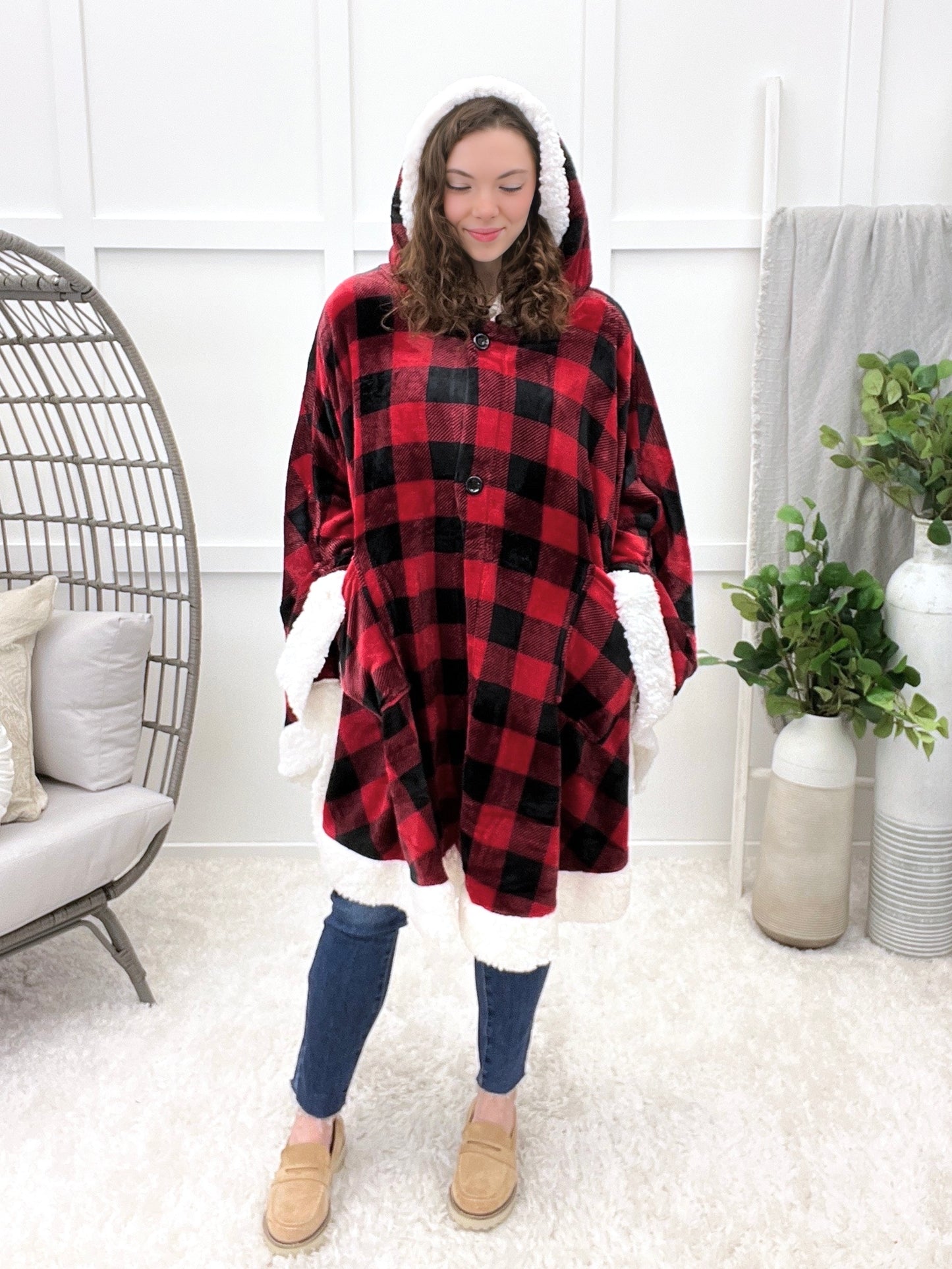 Angel Wrap Hoodie Sherpa Poncho Blanket - Checkered Red/Fleece