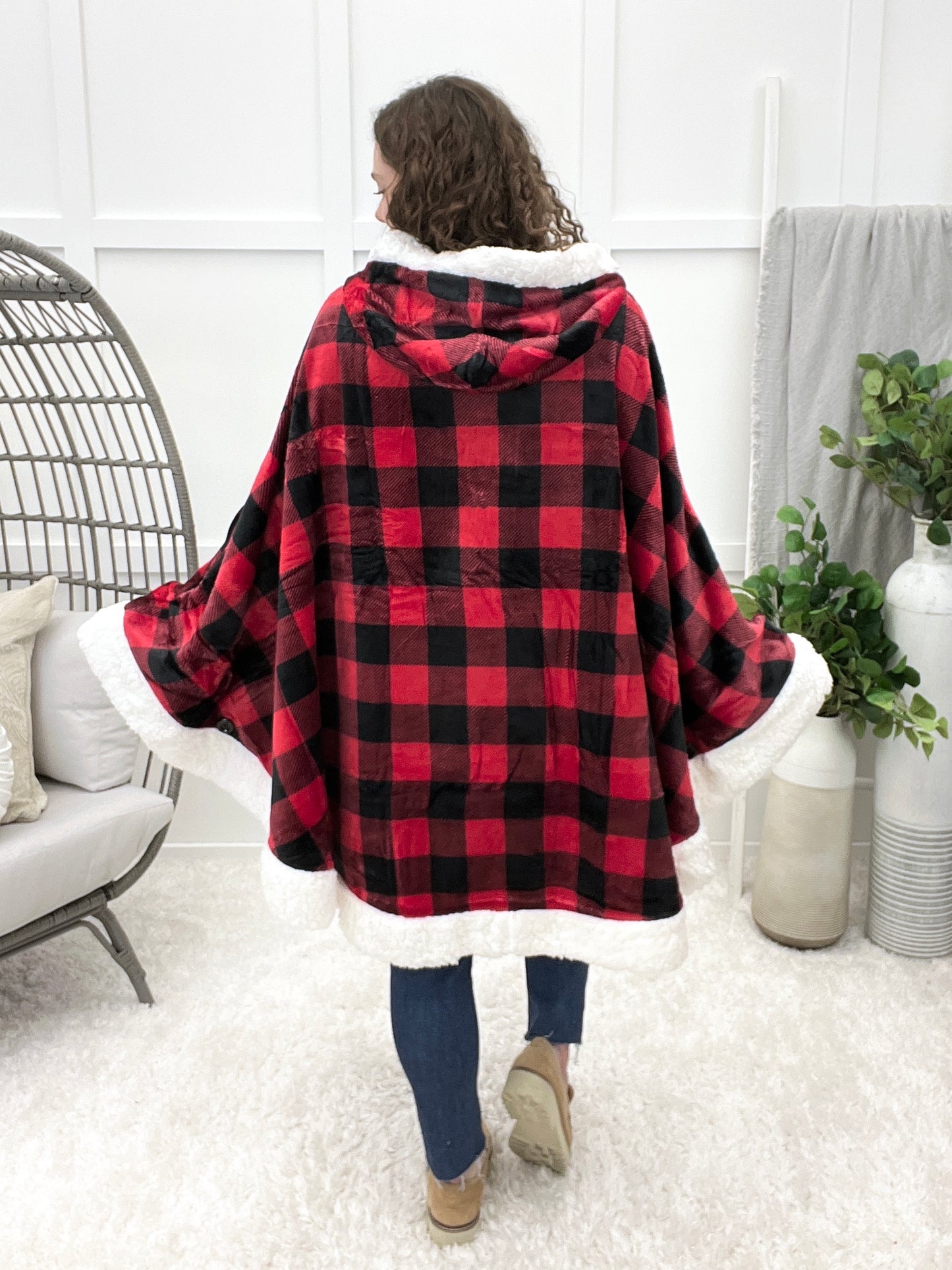 Angel Wrap Hoodie Sherpa Poncho Blanket - Checkered Red/Fleece