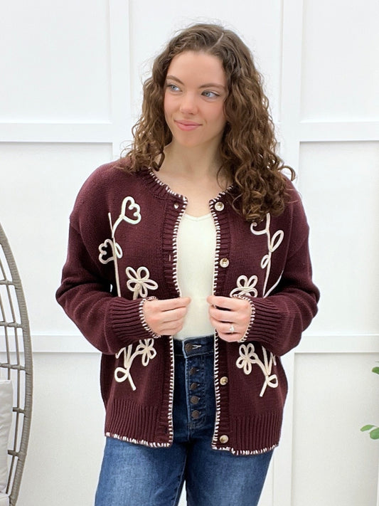 Blooming Along Cardigan - Burgundy Combo
