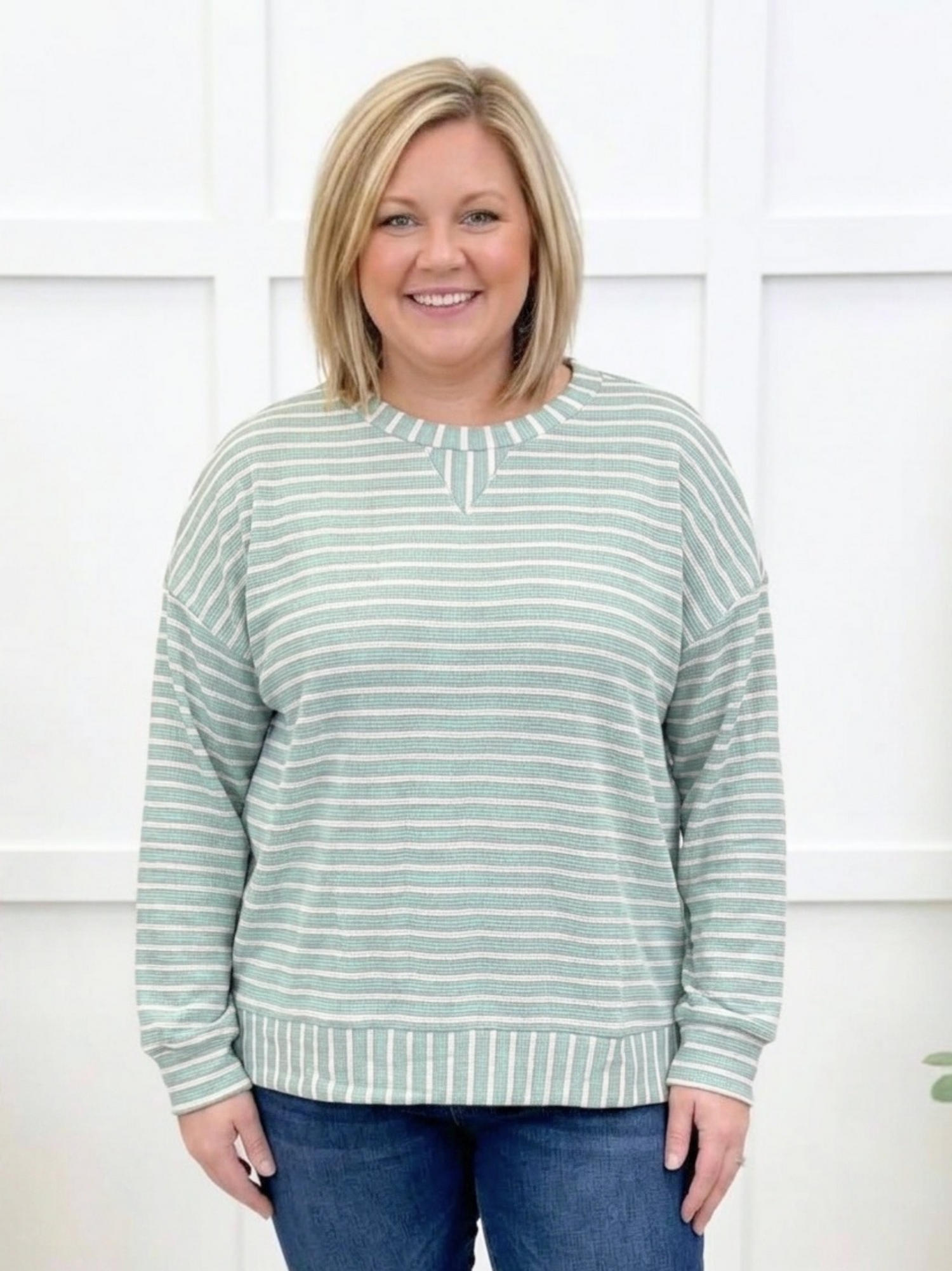 Women's Stylive By Your Side Top in sage green and white stripes with round neckline, drop shoulders, long sleeves, and relaxed fit.