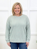 Women's Stylive By Your Side Top in sage green and white stripes with round neckline, drop shoulders, long sleeves, and relaxed fit.