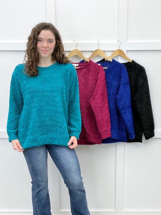 Dear Scarlett Daydream Daze women's fuzzy knit sweater in Teal Glow with crew neckline, long sleeves, and relaxed fit. Four colors.
