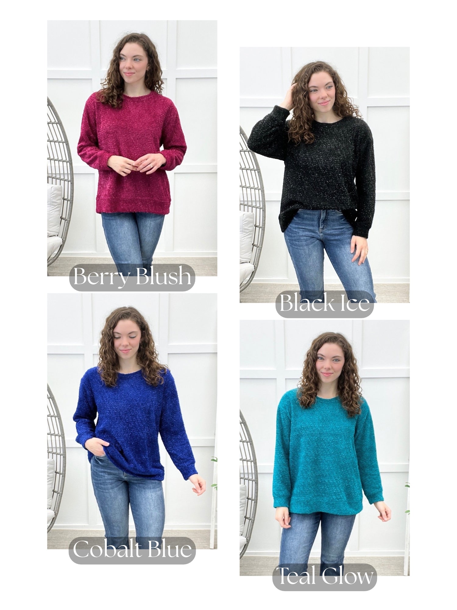 Dear Scarlett Daydream Daze women's fuzzy knit sweater in Berry Blush, Black Ice, Cobalt Blue, and Teal Glow with metallic shimmer.