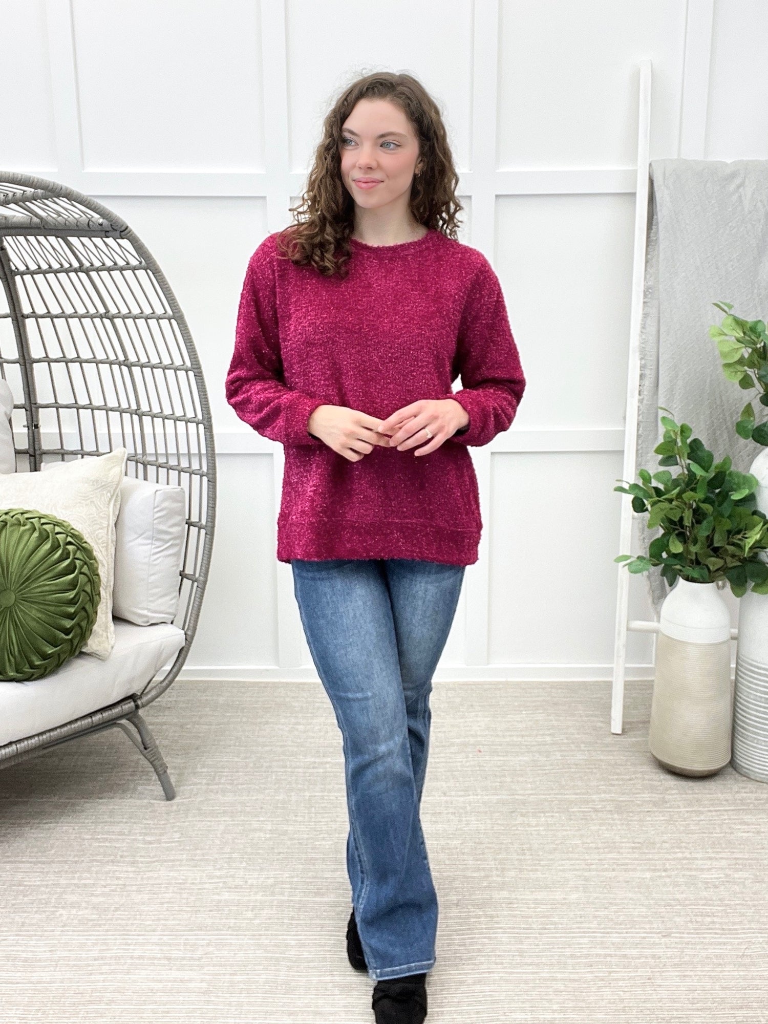 Dear Scarlett Daydream Daze sweater in Berry Blush featuring a fuzzy textured knit, subtle metallic shimmer, crew neck, and long sleeves.