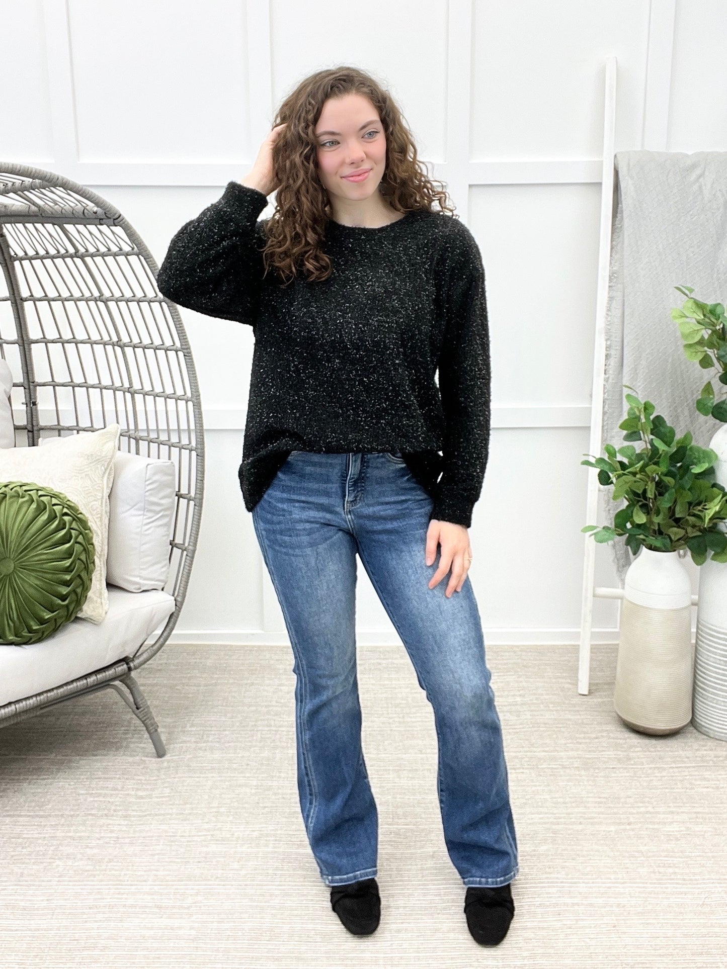 Dear Scarlett Daydream Daze sweater in Black Ice featuring a fuzzy textured knit, metallic shimmer, crew neckline, and relaxed fit.